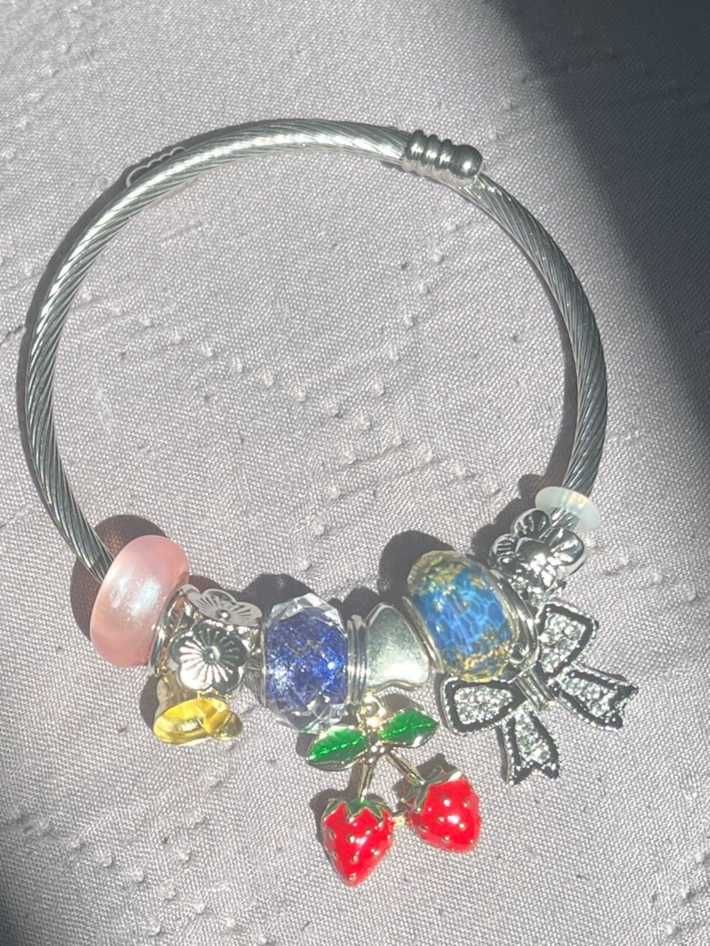 Kids Silver Charm Bracelet with Pink, Blue & Red Strawberry Charms